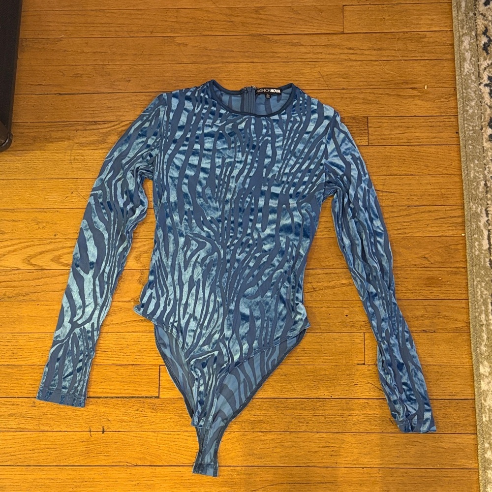 Fashion Nova Blue Patterned Bodysuit